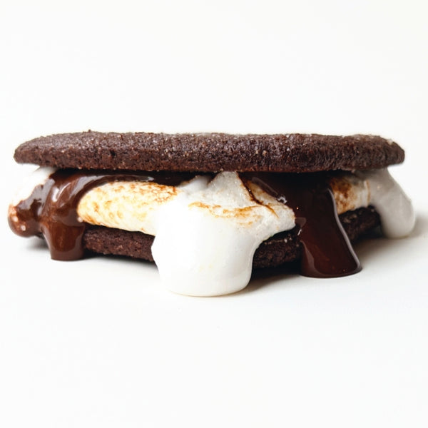 S'mores cookie sandwich with chocolate and marshmallow on a white background